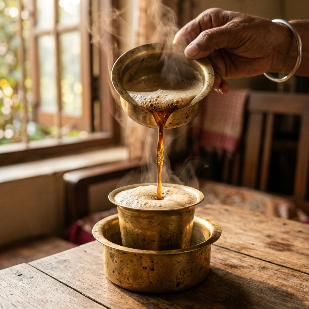 Traditional South Indian filter coffee pour